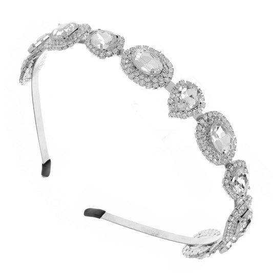 Baroque Rhinestone Crystal Gemstone w/ Halo Metal Headband: Silver