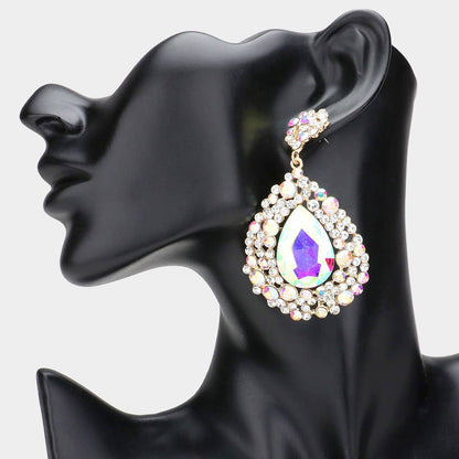 Teardrop Rhinestone Embellished Dangle Evening Earrings: AB Gold