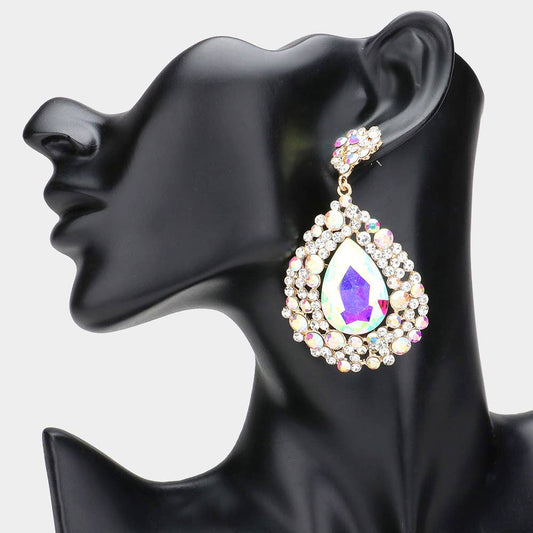 Teardrop Rhinestone Embellished Dangle Evening Earrings: AB Gold