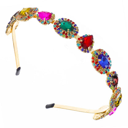 Baroque Rhinestone Crystal Gemstone w/ Halo Metal Headband: Gold