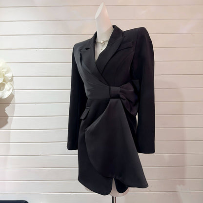 BL5-6 Asymmetrical Blazer Dress with Bow and Waist Cut-Out: Red / English / S