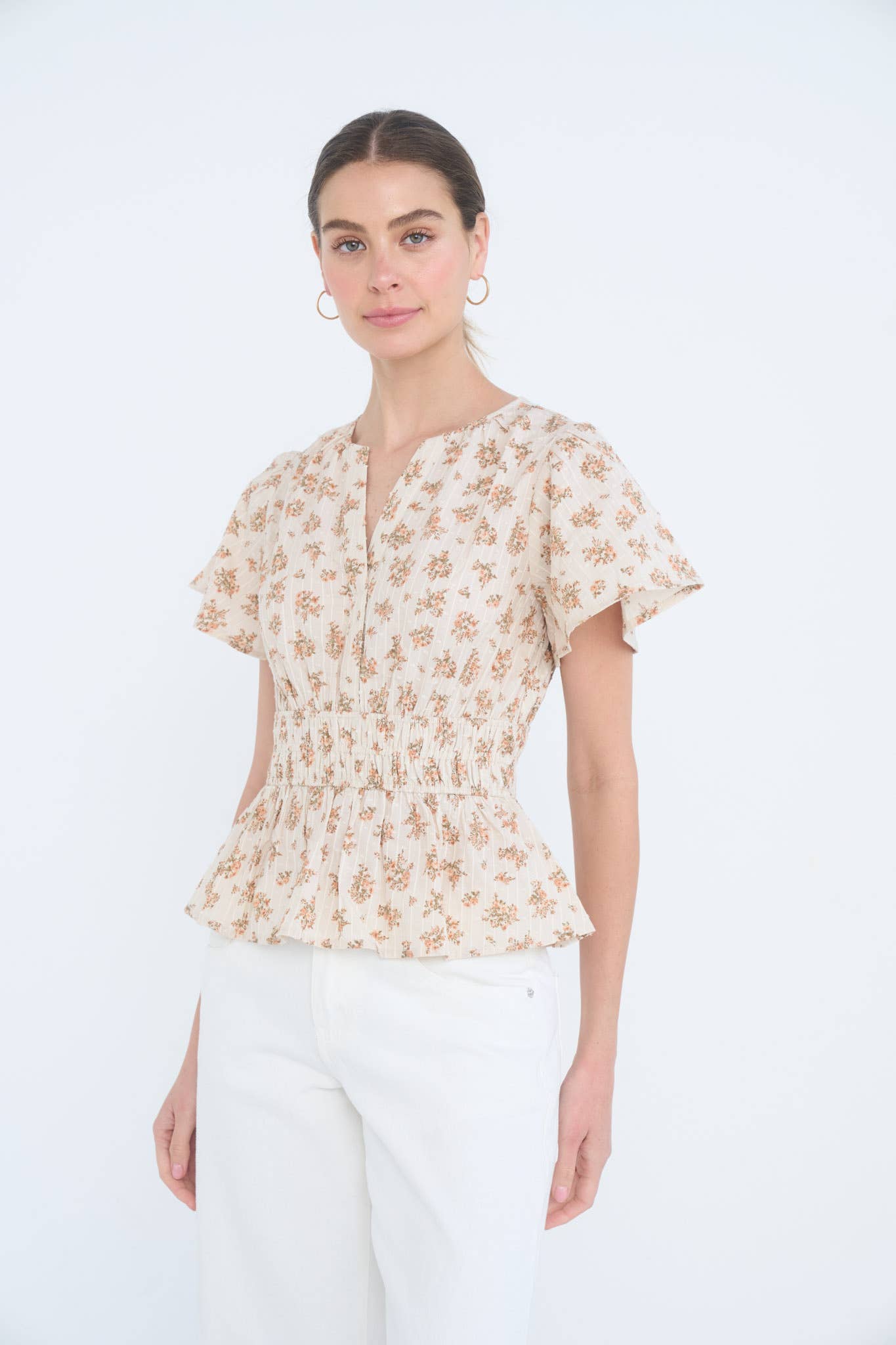 FLORAL CLIP DOT SPLIT NECK BELL SLEEVE TOP: DUSTY BLUE MULTI