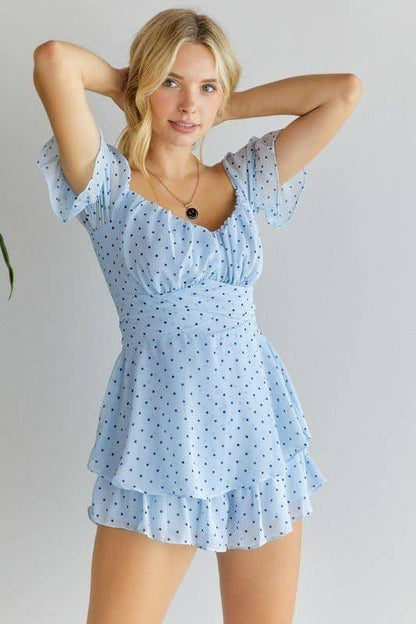POLKA DOT OFF SHOULDER ROMPER: BLUE / L