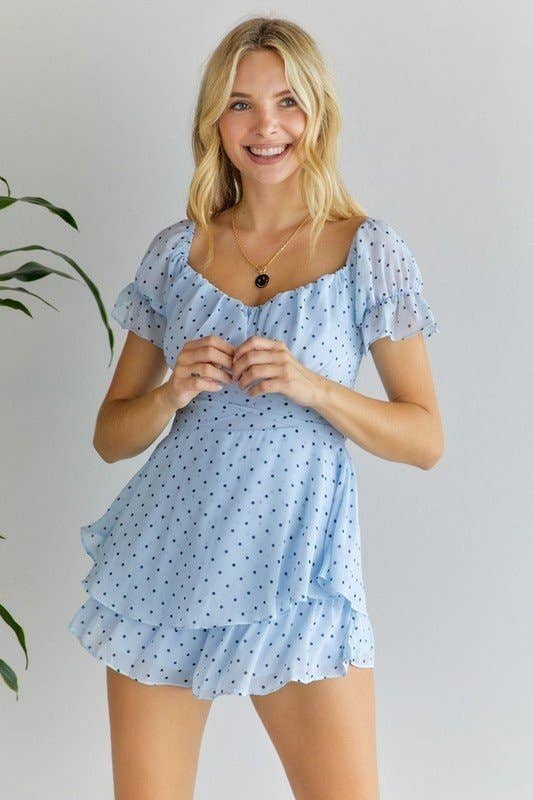 POLKA DOT OFF SHOULDER ROMPER: BLUE / L
