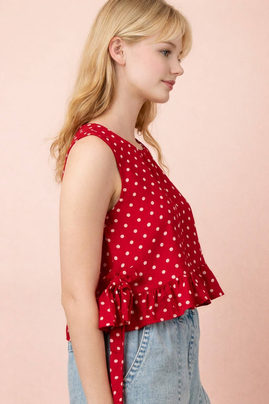 NT12128-Side Tie Detail Ruffled Top: RED DOT / S-M-L/2-2-2