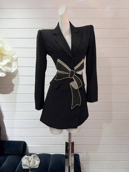 BL10Y Slim Suit Dress with Diamond Bow & Waist Cutout: Long sleeves / English / M