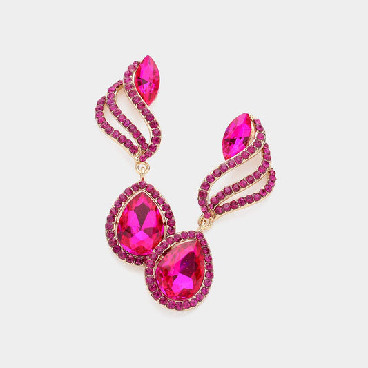 Teardrop Stone Pointed Rhinestone Paved Dangle Evening Earrings: Fuchsia