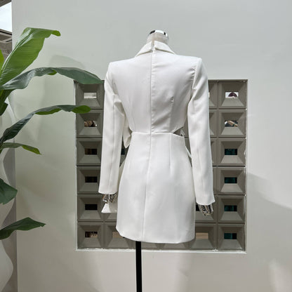 BL5-6 Asymmetrical Blazer Dress with Bow and Waist Cut-Out: Red / English / S