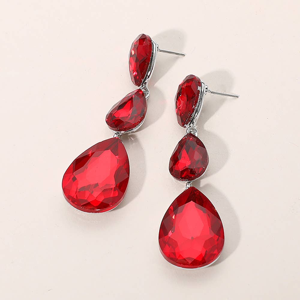 Triple Glass Crystal Teardrop Evening Earrings: Emerald