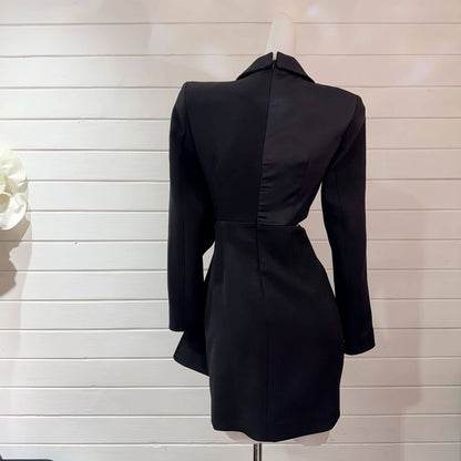 BL5-6 Asymmetrical Blazer Dress with Bow and Waist Cut-Out: Red / English / S