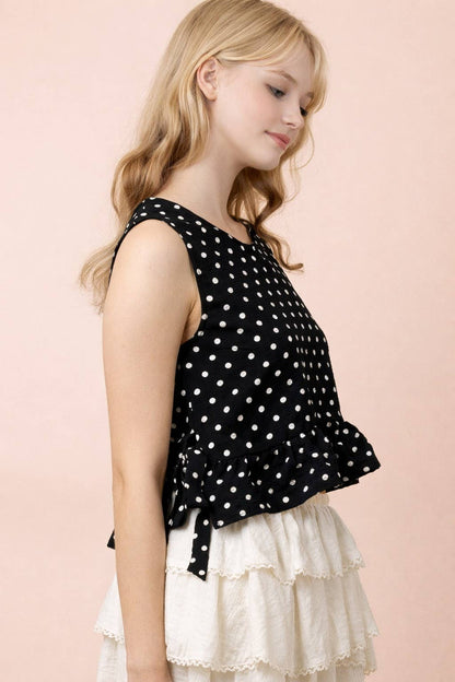 NT12128-Side Tie Detail Ruffled Top: RED DOT / S-M-L/2-2-2