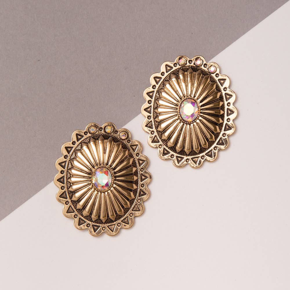 Western Concho Stone Oval Earrings: Silver