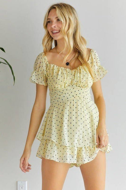 POLKA DOT OFF SHOULDER ROMPER: BLUE / L