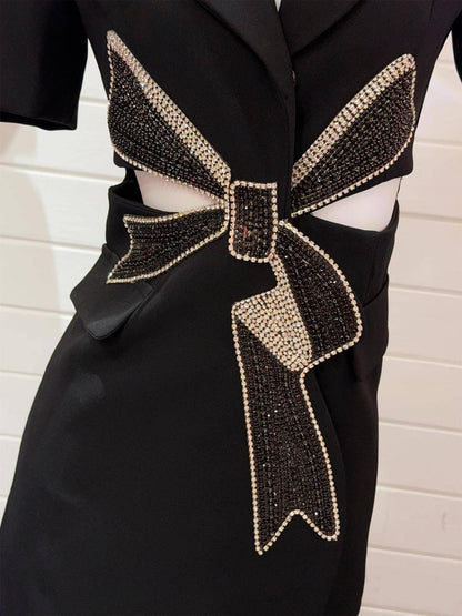BL10Y Slim Suit Dress with Diamond Bow & Waist Cutout: Long sleeves / English / M