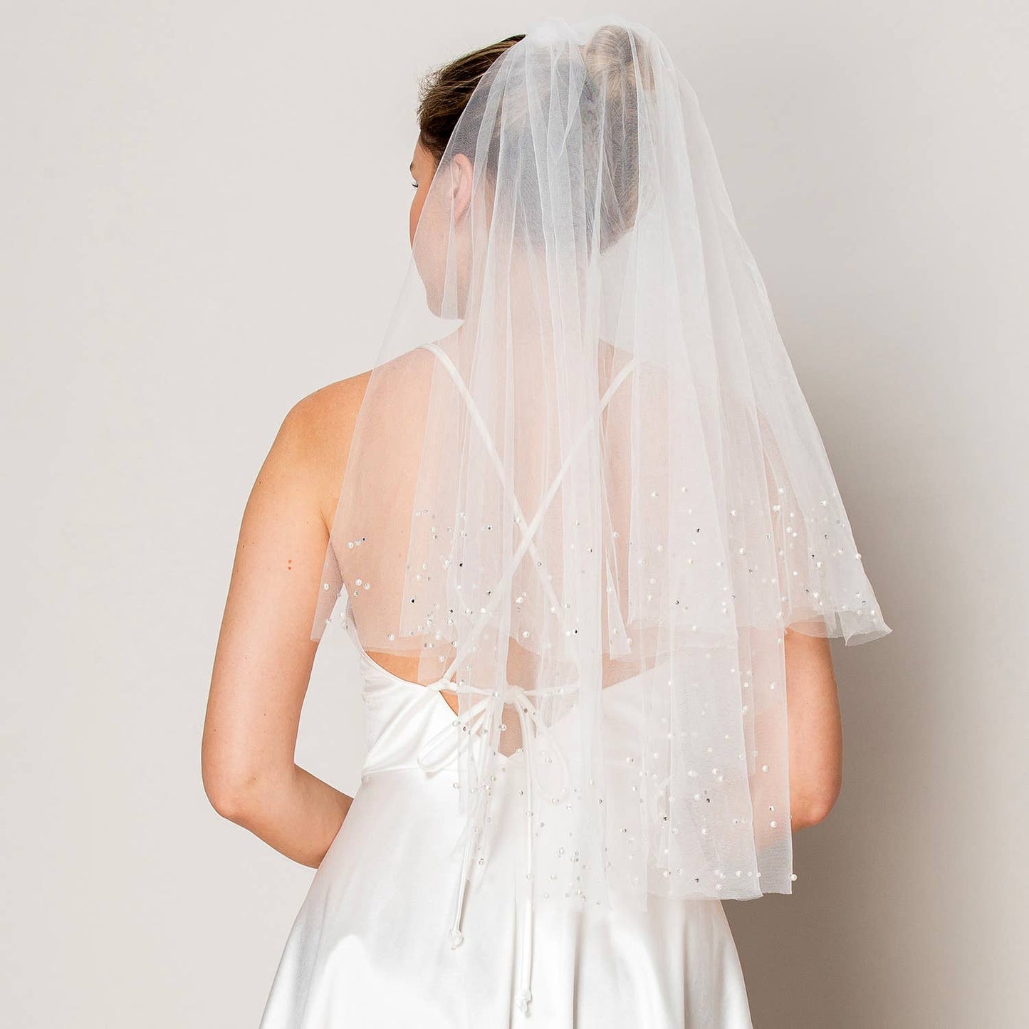 Two Layer Scattered Rhinestone and Pearl Waist Length Veil