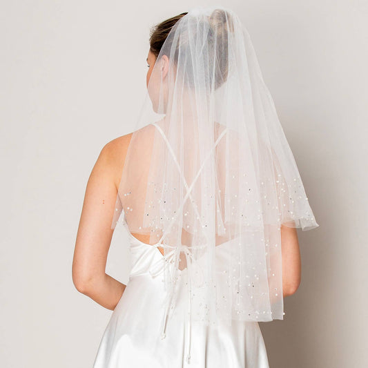 Two Layer Scattered Rhinestone and Pearl Waist Length Veil