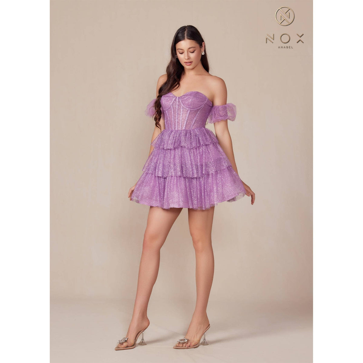 Glitter Sweetheart Neckline Short Dress Y860: DUSTY LAVENDER / 12