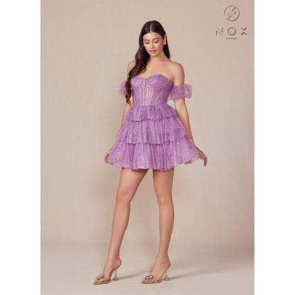 Glitter Sweetheart Neckline Short Dress Y860: DUSTY LAVENDER / 12