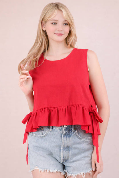 NT12128-Side Tie Detail Ruffled Top: RED DOT / S-M-L/2-2-2