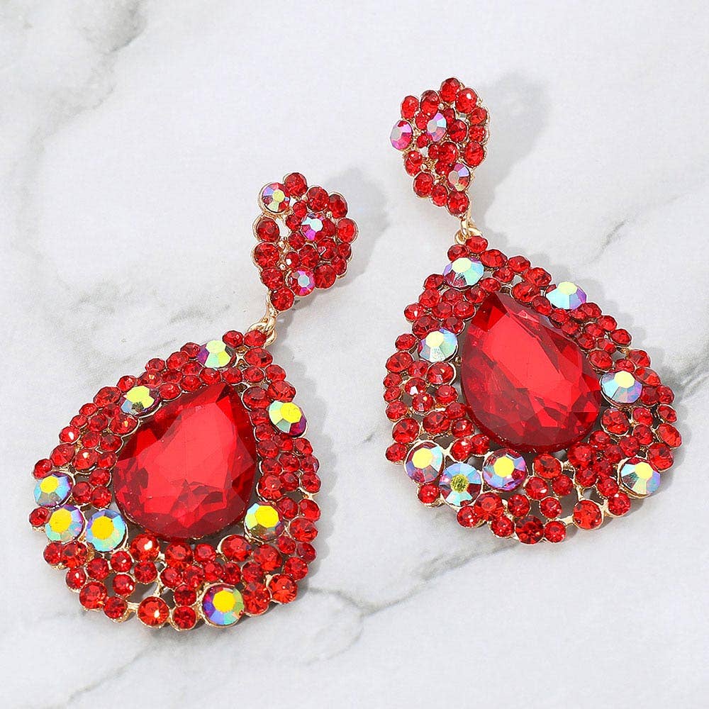 Teardrop Rhinestone Embellished Dangle Evening Earrings: FUCHSIA