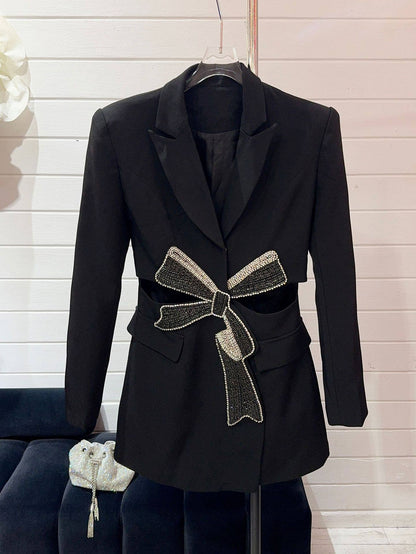 BL10Y Slim Suit Dress with Diamond Bow & Waist Cutout: Long sleeves / English / M