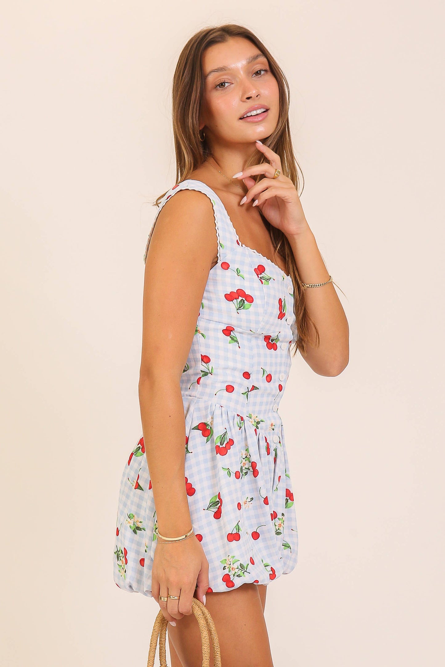 Cherry Gingham Bubble Romper: Blue/Red / L