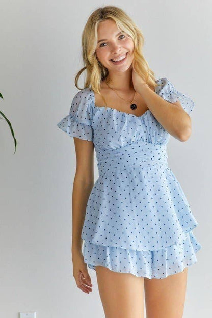 POLKA DOT OFF SHOULDER ROMPER: BLUE / L