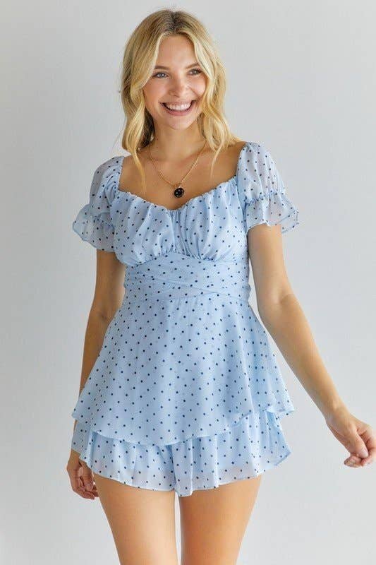 POLKA DOT OFF SHOULDER ROMPER: BLUE / L