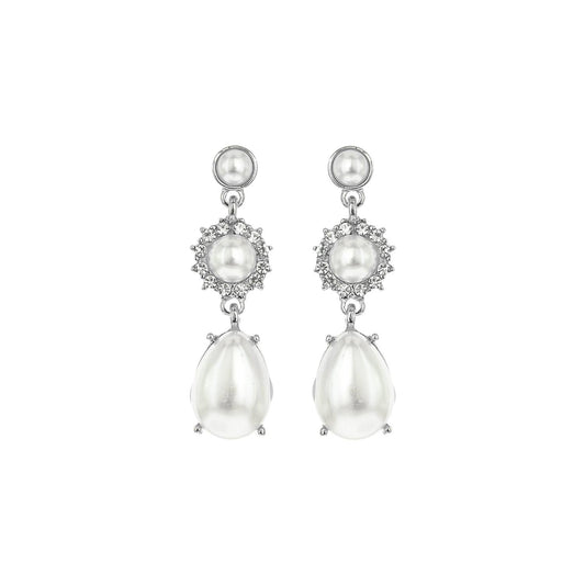 3 Tier Floral & Teardrop Rhinestone Crystal Dangle Earrings: White