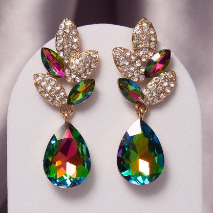 2-Tier Crystal Rhinestone Leaf Accent Dangle Earrings: Red