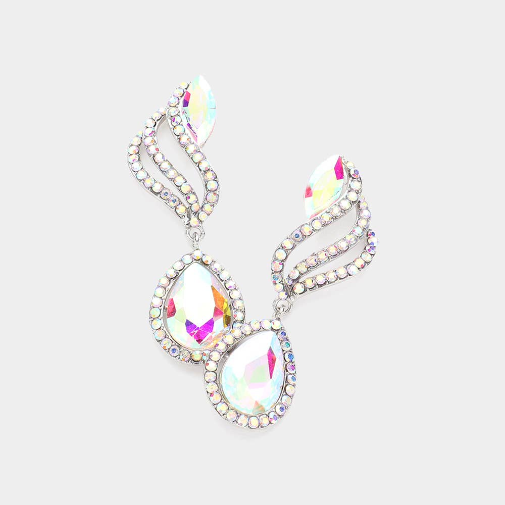 Teardrop Stone Pointed Rhinestone Paved Dangle Evening Earrings: AB,Silver
