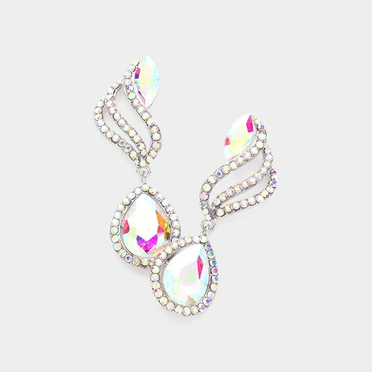 Teardrop Stone Pointed Rhinestone Paved Dangle Evening Earrings: AB,Silver