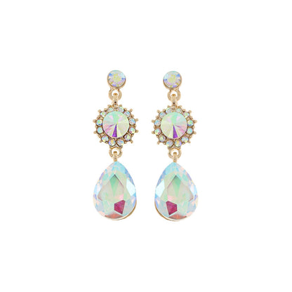 3 Tier Floral & Teardrop Rhinestone Crystal Dangle Earrings: White