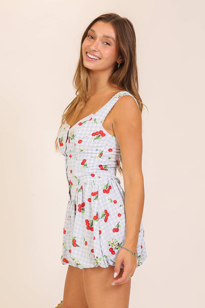 Cherry Gingham Bubble Romper: Blue/Red / L