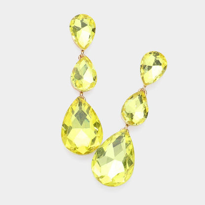 Triple Glass Crystal Teardrop Evening Earrings: AB Gold