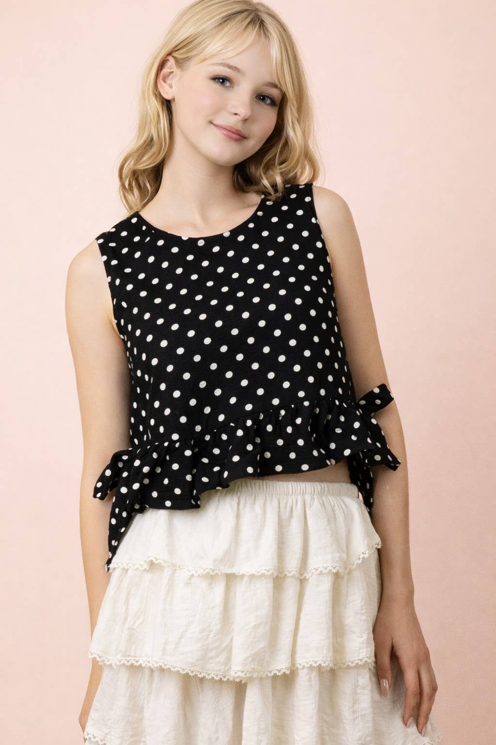 NT12128-Side Tie Detail Ruffled Top: RED DOT / S-M-L/2-2-2