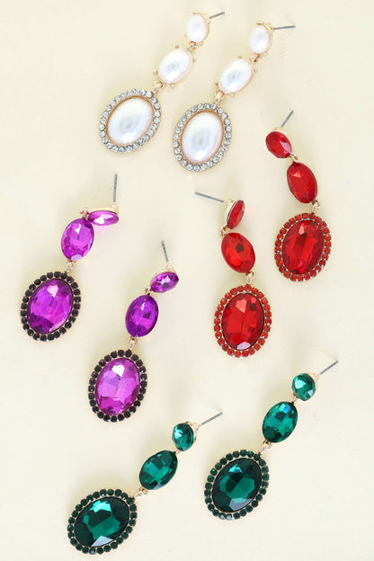 3 Tiered Oval Cut Rhinestone Crystal Dangle Earrings: Green