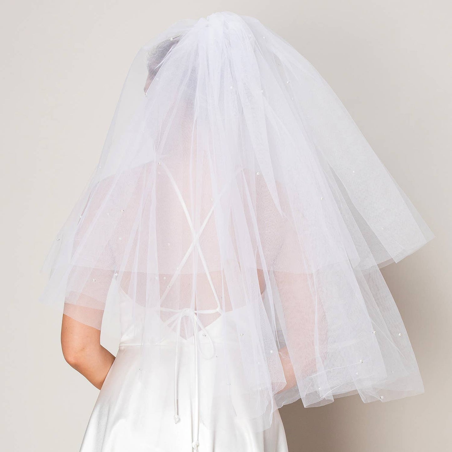 White Two Layer Scattered Pearl Hip Length Wedding Veil