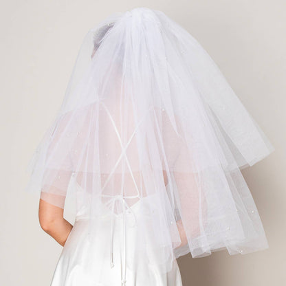 White Two Layer Scattered Pearl Hip Length Wedding Veil