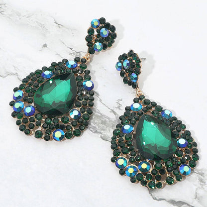 Teardrop Rhinestone Embellished Dangle Evening Earrings: Aqua Silver