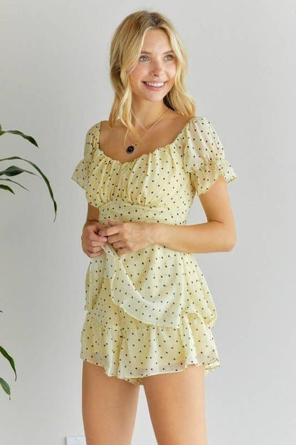 POLKA DOT OFF SHOULDER ROMPER: BLUE / L