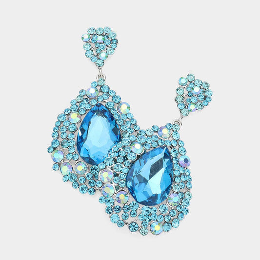 Teardrop Rhinestone Embellished Dangle Evening Earrings: Aqua Silver