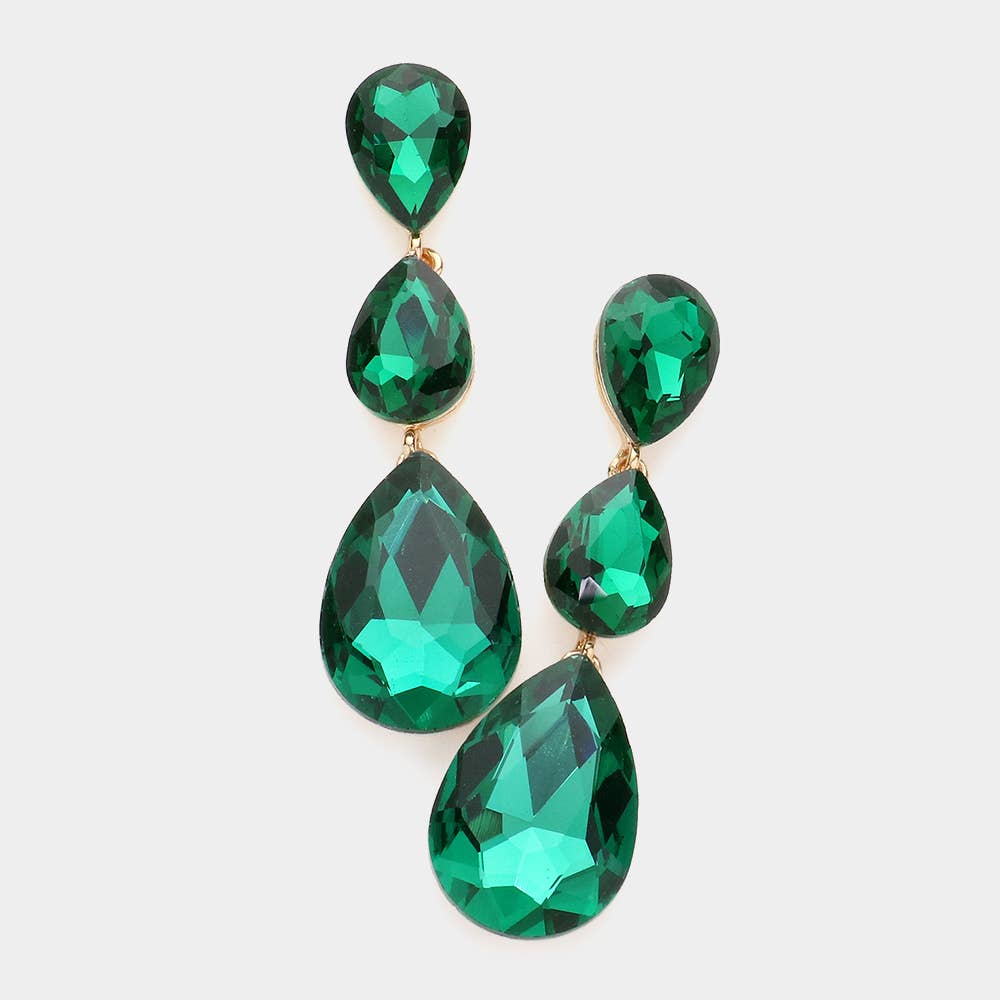 Triple Glass Crystal Teardrop Evening Earrings: Emerald