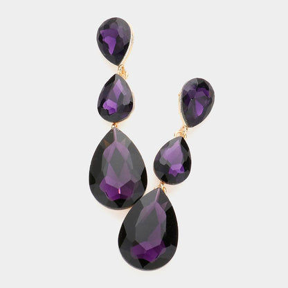 Triple Glass Crystal Teardrop Evening Earrings: Emerald