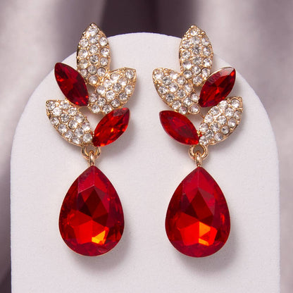 2-Tier Crystal Rhinestone Leaf Accent Dangle Earrings: Red
