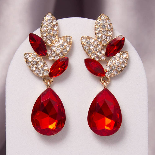 2-Tier Crystal Rhinestone Leaf Accent Dangle Earrings: Red