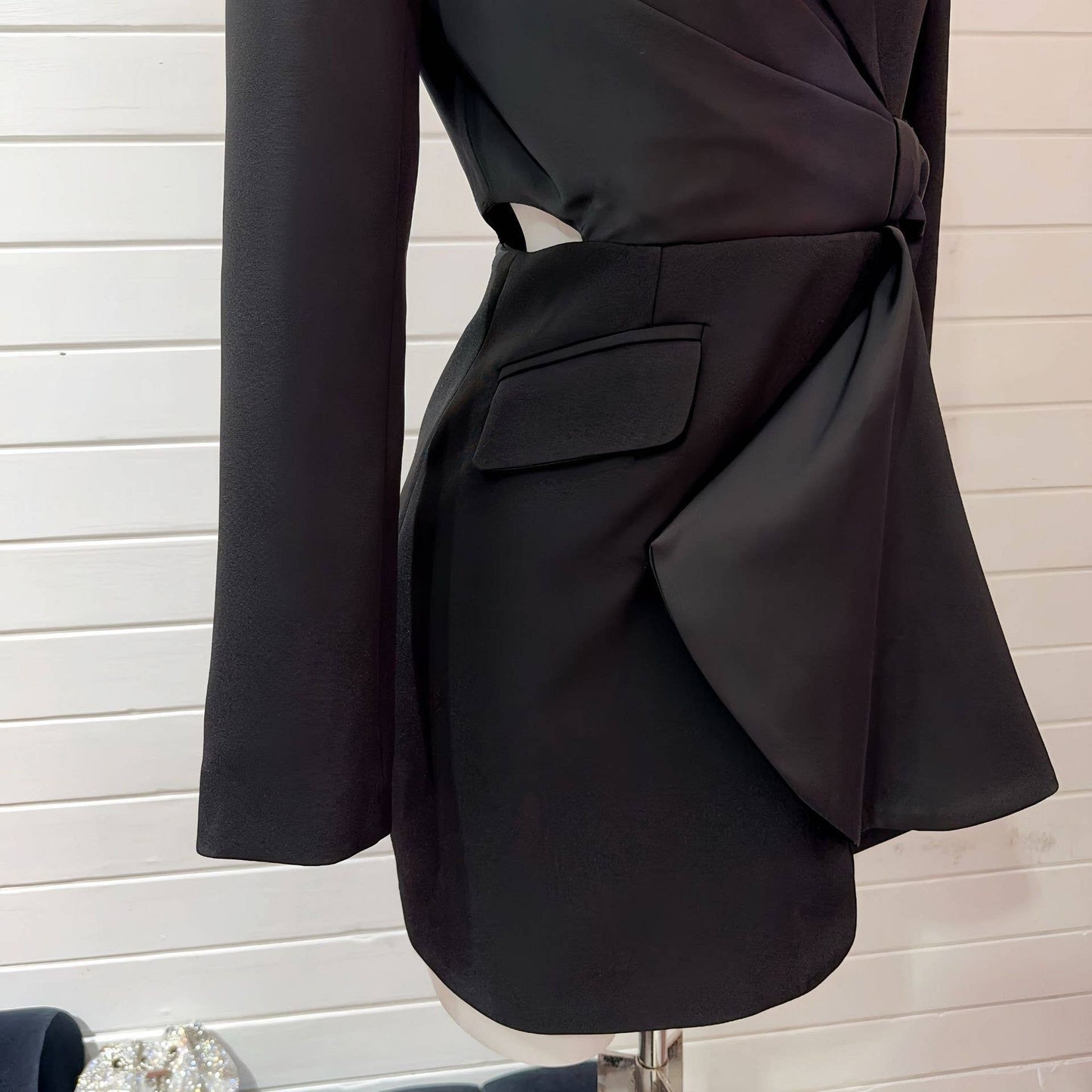 BL5-6 Asymmetrical Blazer Dress with Bow and Waist Cut-Out: Red / English / S