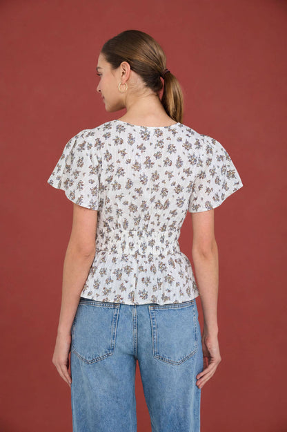 FLORAL CLIP DOT SPLIT NECK BELL SLEEVE TOP: DUSTY BLUE MULTI