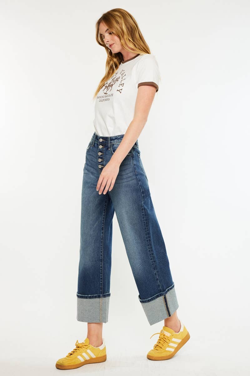 Kan Can High Rise Cuffed Wide Leg Jeans