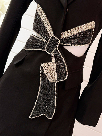 BL10Y Slim Suit Dress with Diamond Bow & Waist Cutout: Long sleeves / English / M